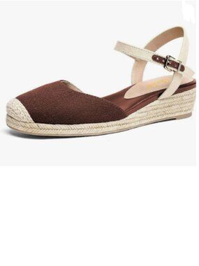 miss left Brown Round Toe Espadrille Sandals Mid Heel Wedges Ankle Strap Shoes